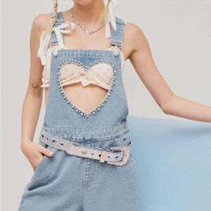 Heart Cutout Denim Overalls with Rhinestone Belt